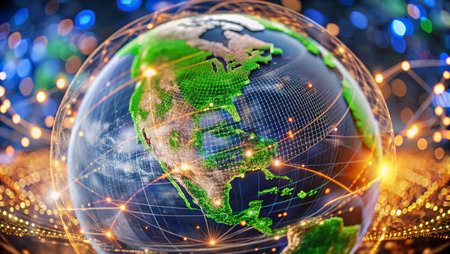 Globe and abstract blurred lights. Elements of this image furnished by NASA