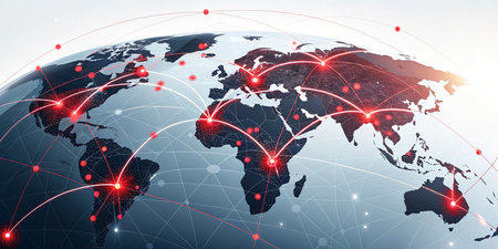 Global network connection over the world map. Internet technology and telecommunication concept.