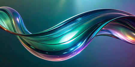 3d rendering of abstract wavy background with glowing iridescent elements
