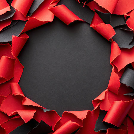 Torn red paper on black background with space for your message.の写真素材