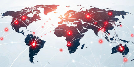 Global network connection. World map with red connected lines and dots.