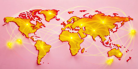 World map on a pink background. Conceptual image of global communication.