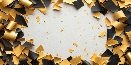 Black and gold confetti on white background, top view. Space for textの写真素材