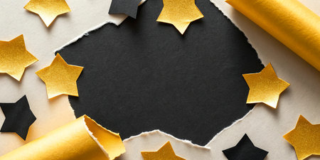 Ripped paper with golden stars on black background, space for text