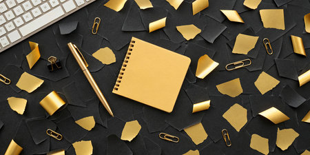 Black office desk table with keyboard, notepad, pen and golden paper. Top view with copy space
