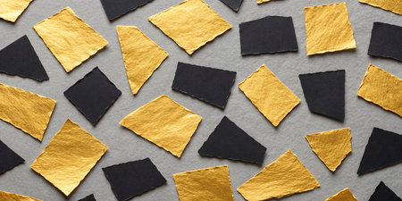 Pieces of black and gold paper on grey background. Top view.