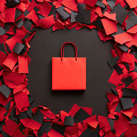 Red paper shopping bag on black background with red paper confetti.