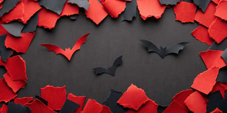 Halloween background with red paper bats on black background, top view