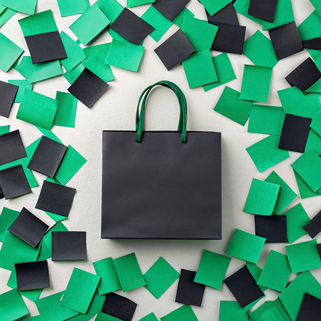top view of paper shopping bag surrounded by green stickers on white background