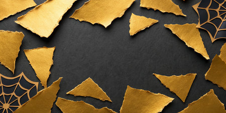 Halloween background with golden torn paper and spider web on black background