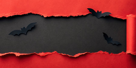 Halloween background with black bats and torn paper. Halloween concept.