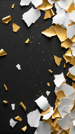 Pieces of white paper with golden confetti on black background.