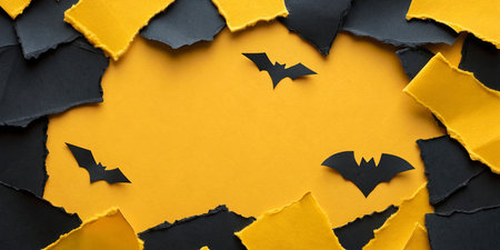 Halloween background with paper bats and space for text on yellow background