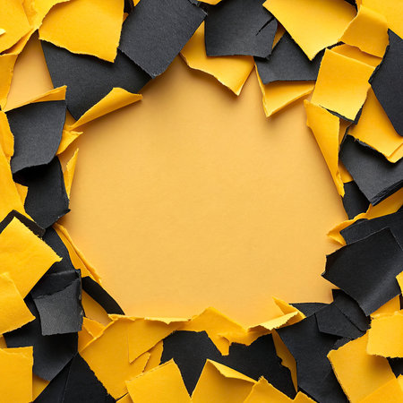 Pieces of torn paper on yellow background, space for text.の写真素材