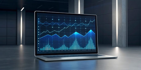 Laptop with abstract financial chart on the screen. 3d rendering