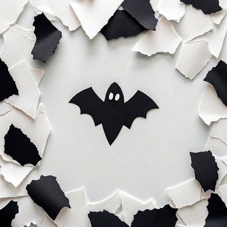 Halloween background with paper bats on white background. Top view.の写真素材