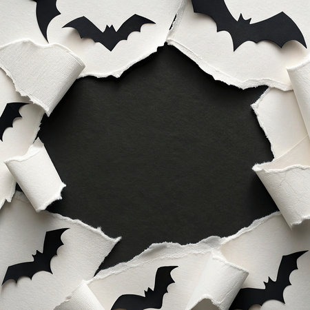 Halloween background with paper bats and place for text on black backgroundの写真素材