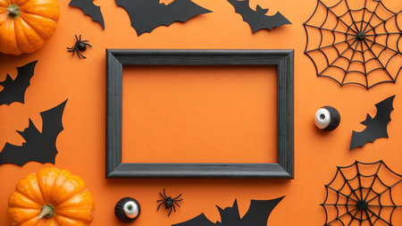 Halloween concept. Frame, spiders, bats and pumpkins on orange background