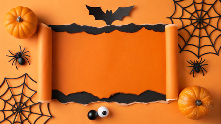 Halloween background with paper, spiders and bats on orange background, top view