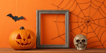 Halloween pumpkin with empty frame on wooden table against orange wall. Space for textの写真素材