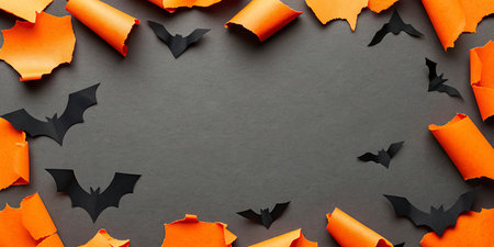 Halloween background with orange paper bats and spiders. Top view with copy space