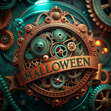 Halloween. 3D illustration. Golden clock mechanism with the inscription Halloween.