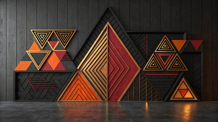 3d rendering of abstract geometric shapes in black and orange colors on wooden background
