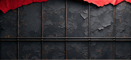 grunge metal fence with red sheets of paper on black backgroundの写真素材