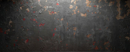 Grunge black metal background with red spots. 3D rendering