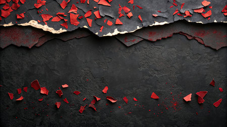 Ripped paper with red hearts on black textured background. Copy spaceの写真素材