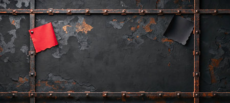 Old rusty metal background with blank red price tag. Copy space.