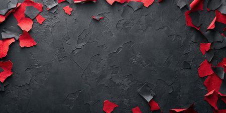 Red torn paper on black textured background with space for your messageの写真素材