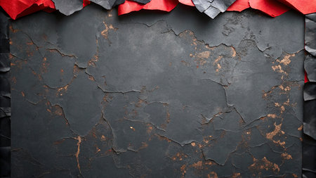 Background with black and red paper sheets on rusty metal surfaceの写真素材