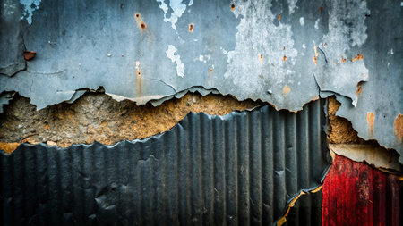 Old rusty corrugated iron sheet with peeling paint on itの写真素材