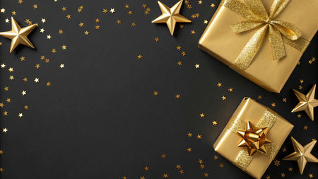 Christmas and New Year background. Gold gift boxes and stars on black background.の写真素材