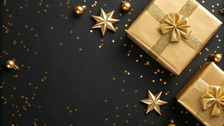 Christmas greeting card. Gold gift boxes on black background. Christmas, new year concept. Copy space.  Flat lay. Top view.の写真素材
