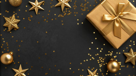 Christmas background with golden stars, gift box and decorations on black. Top view with copy space