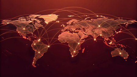 World map with glowing lines on dark red background. Network concept.の写真素材