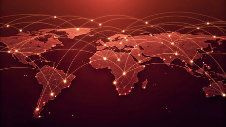 World map on a technological background, glowing lines symbols of the Internet, radio, television,...