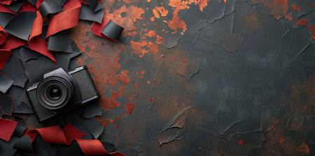 Retro camera and red ribbons on rusty background. Top view with copy space