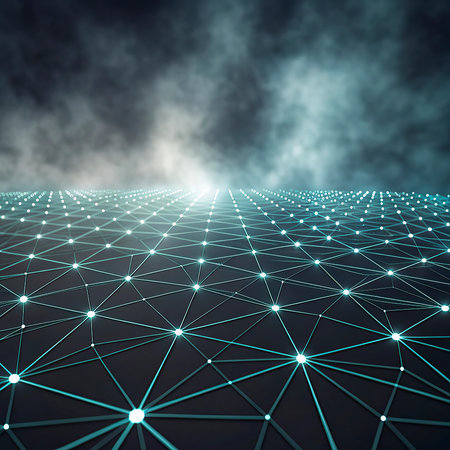 Futuristic connection structure with glowing dots and lines 3D renderingの写真素材
