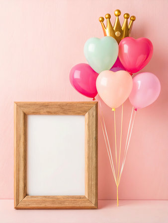 Wooden photo frame and colorful heart shaped balloons on pink background.の写真素材