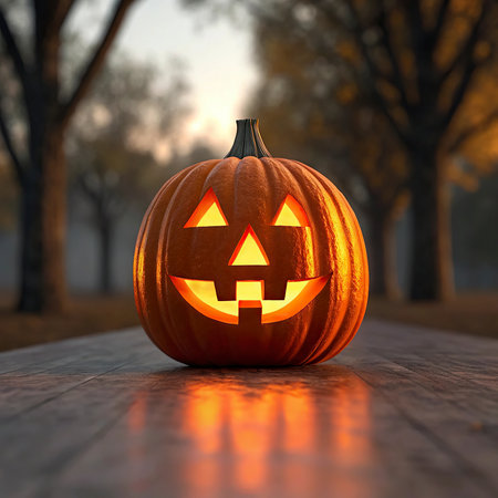 Halloween pumpkin with scary face on wooden background. 3d renderの写真素材
