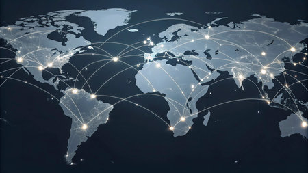 Global network connection concept with world map on dark background. 3D rendering