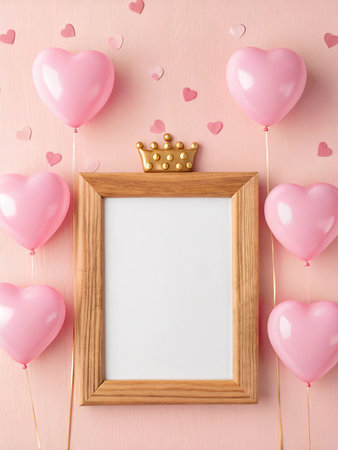 Blank photo frame, heart shaped balloons and golden crown on pink backgroundの写真素材