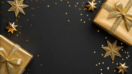 Christmas background with golden stars, gift box and confetti on blackの写真素材