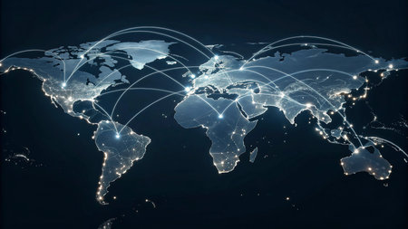 Global network connection over world map background. Globalization concept. 3D Rendering