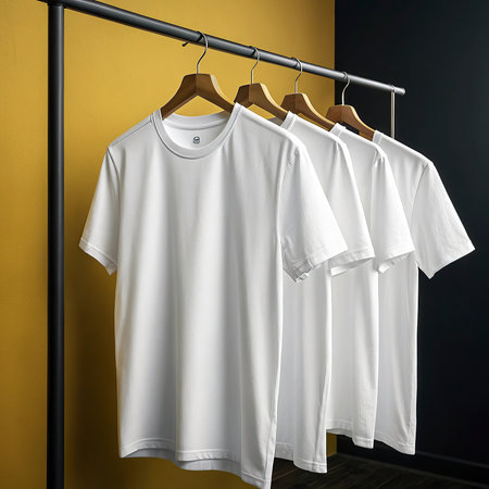 White t-shirts hanging on a metal rack. 3d renderingの写真素材