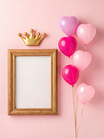 Blank photo frame with pink balloons and golden crown on pink backgroundの写真素材