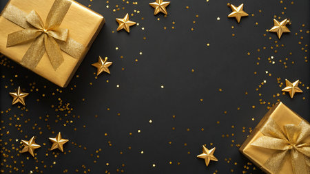 Christmas background with golden stars and gift box on black background. Flat lay, top view.